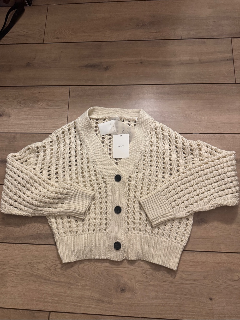 A.L.C. Open-Knit Cream Button Cardigan with Dark Buttons